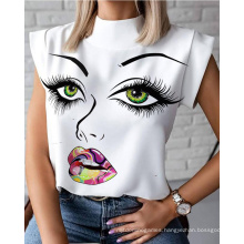 Best Selling 2021 Fashion Stand-up Cotton Collar Sleeveless Lip Printed Womens Tops